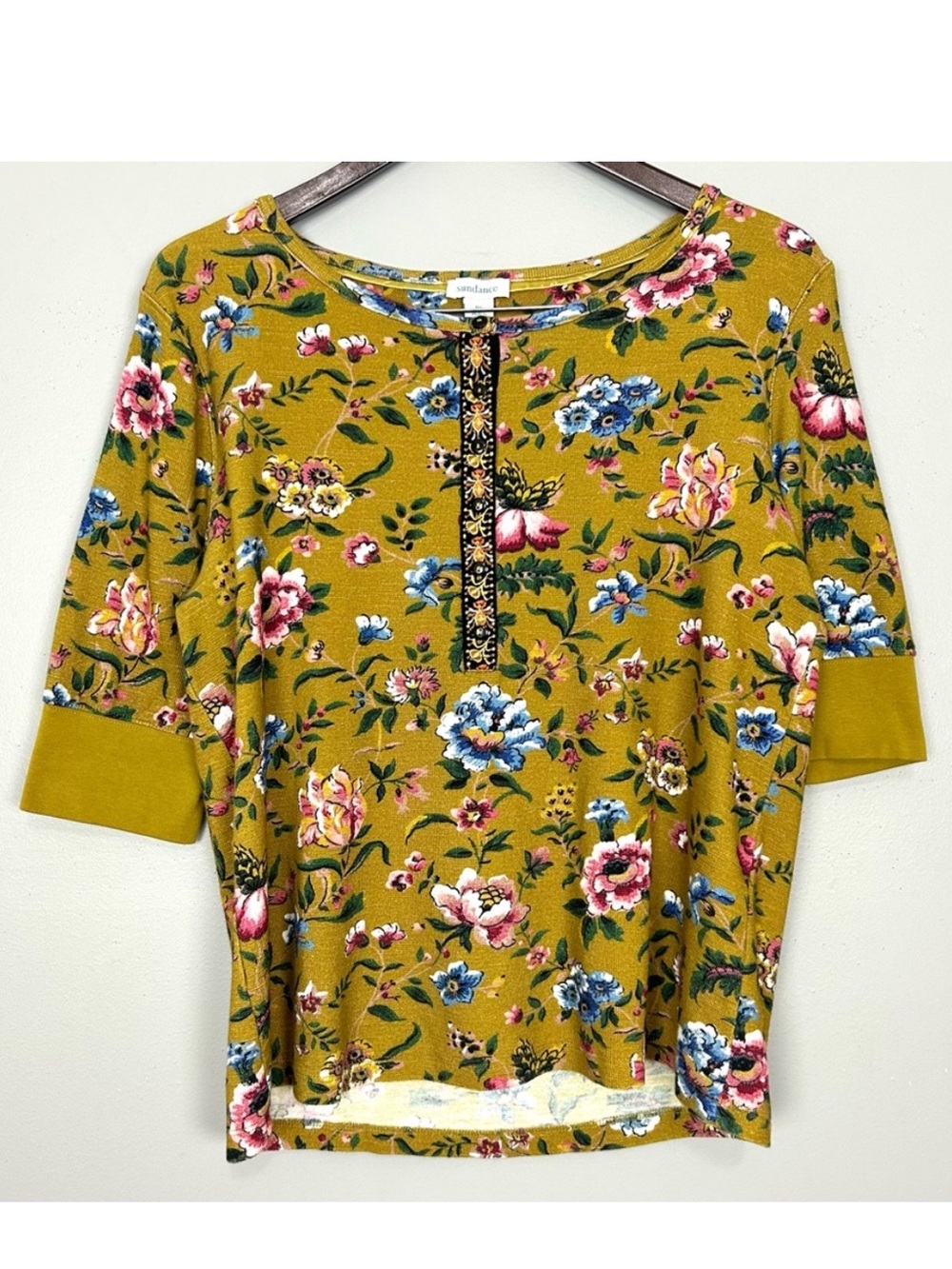 Sundance Floral Haven Henley Top Women’s Size S Petite Short Sleeves Boho Cotton